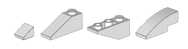 Examples of slopes: 1x1 cheese slope, 1x3, 1x3 inverted, 1x3 curved