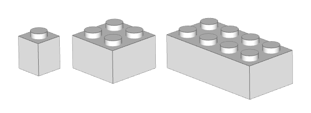Three bricks: 1x1, 2x2 and 2x4